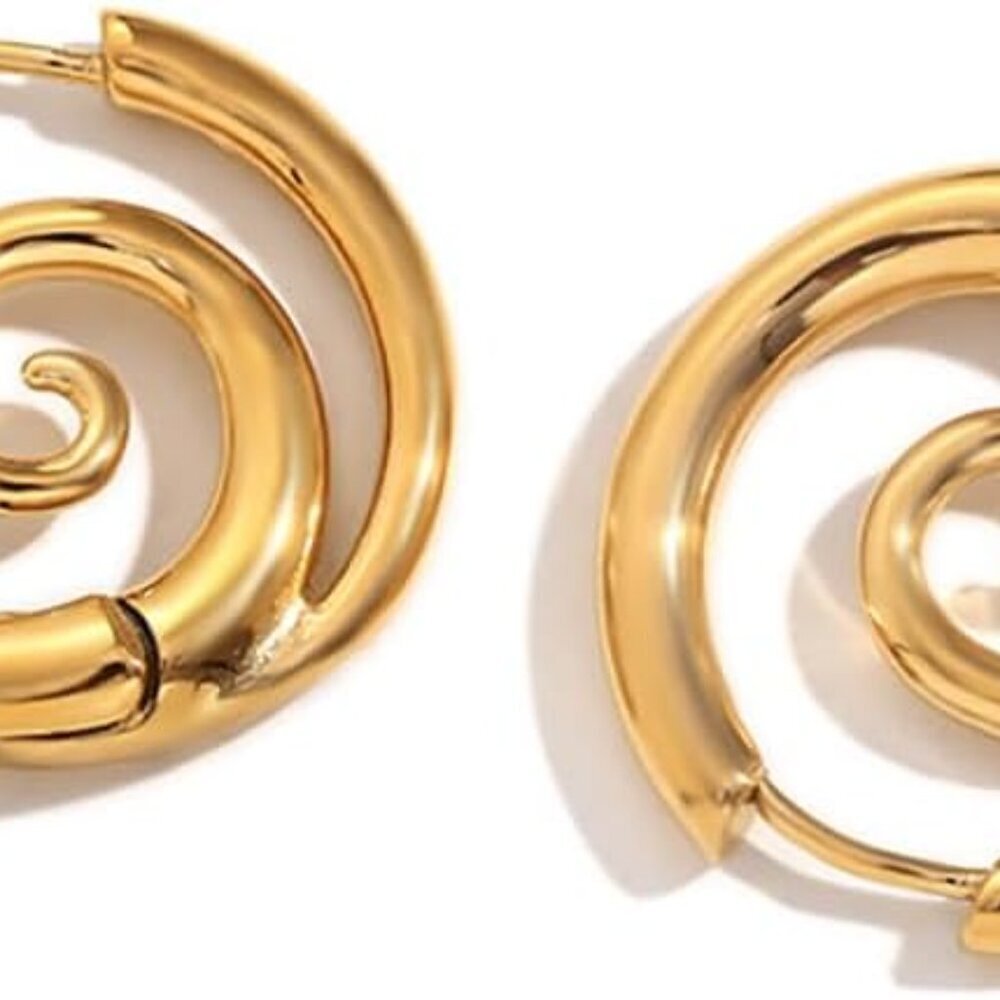 Gold Stainless Steel Sea Wave Spiral Hoop Earrings for Women, 18K Plated, Chunky